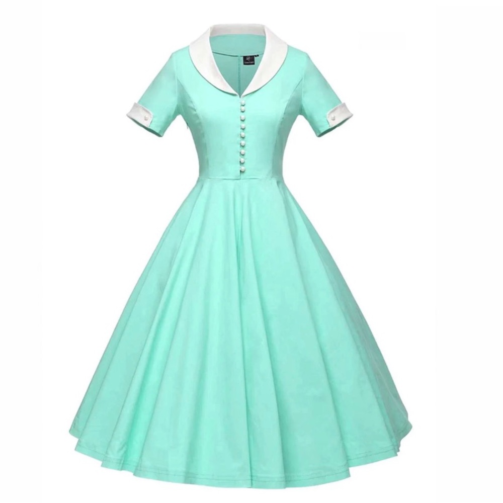 1950s Style SoId Turndown Collar Swing Dress